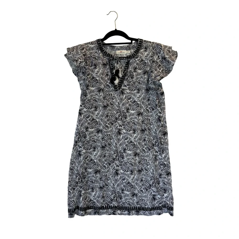 Vineyard Vines Linen Dress XS Embroidered Black White Palm Print Pom Pom Boho